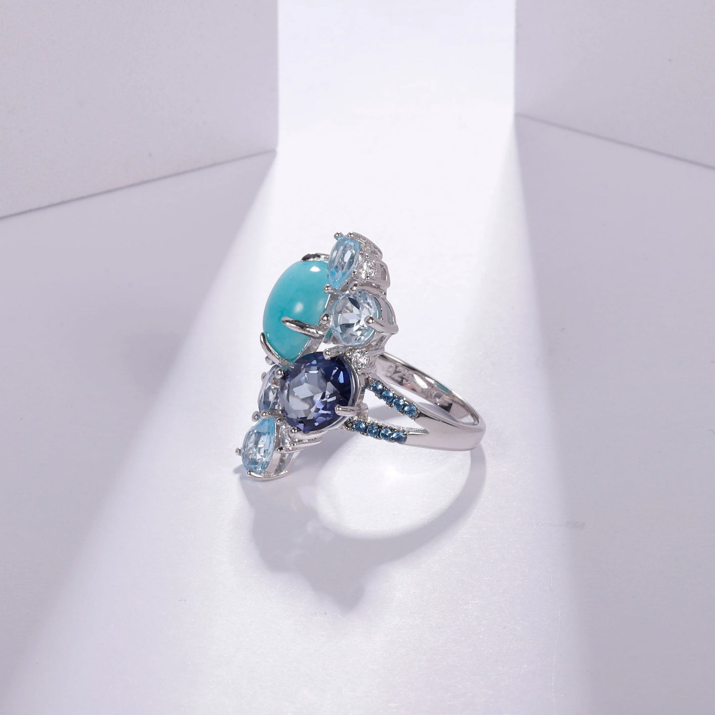 GEM'S BALLET 925 Sterling Silver Statement Rings Natural Amazonyte Blue Topaz Gemstone Candy Ring for Women Fine Jewelry