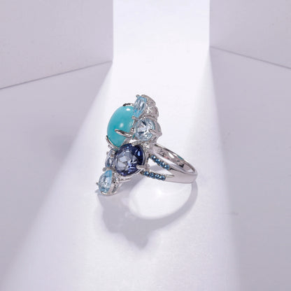GEM'S BALLET 925 Sterling Silver Statement Rings Natural Amazonyte Blue Topaz Gemstone Candy Ring for Women Fine Jewelry