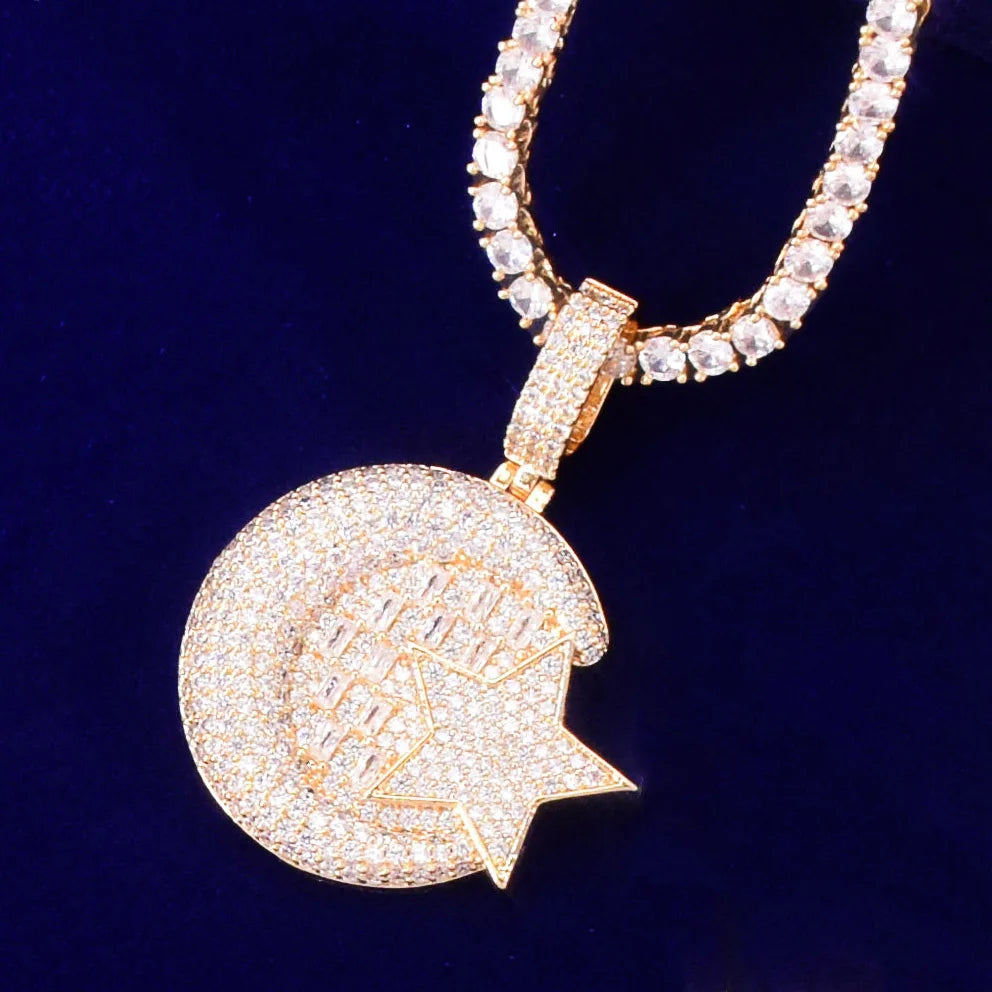Gold Color Star Shape Pendant Street Necklace Copper Plated Charm Cubic Zircon Men's Hip Hop Rock Jewelry