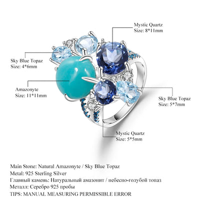 GEM'S BALLET 925 Sterling Silver Statement Rings Natural Amazonyte Blue Topaz Gemstone Candy Ring for Women Fine Jewelry