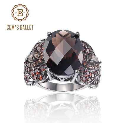 GEM'S BALLET 925 Sterling Silver Gemstone Cocktail Rings Special Design OCT Cutting Natural Smoky Quartz Ring For Women Party