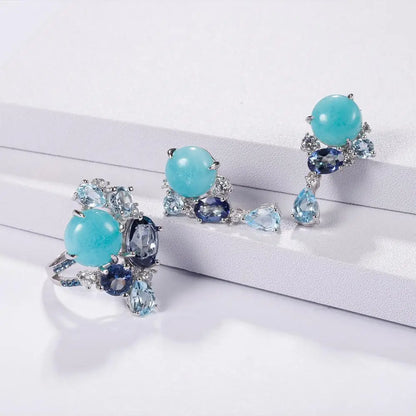 GEM'S BALLET 925 Sterling Silver Statement Rings Natural Amazonyte Blue Topaz Gemstone Candy Ring for Women Fine Jewelry