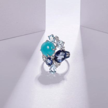 GEM'S BALLET 925 Sterling Silver Statement Rings Natural Amazonyte Blue Topaz Gemstone Candy Ring for Women Fine Jewelry