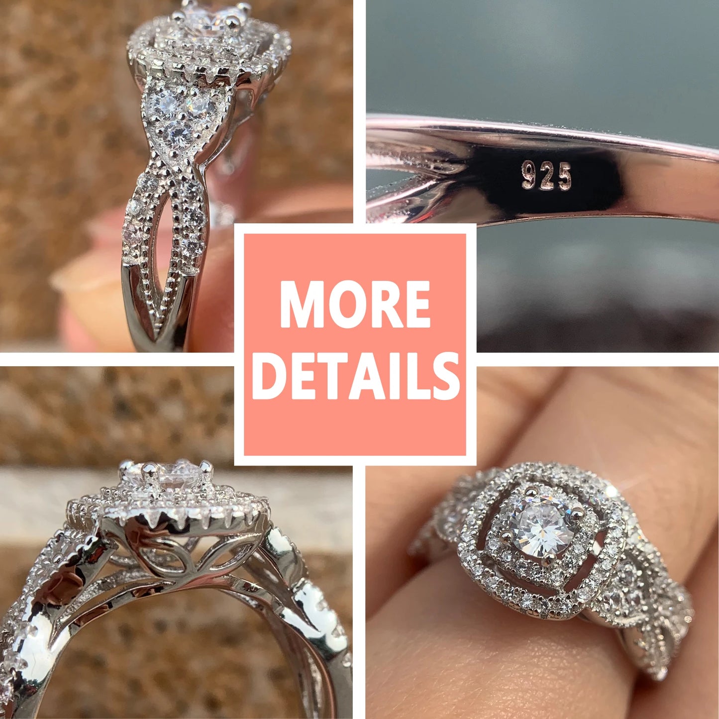 Newshe 2 Pcs 925 Sterling Silver Wedding Rings for Women Double Halo AAAAA Cubic Zircons Engagement Ring Bridal Set Jewelry