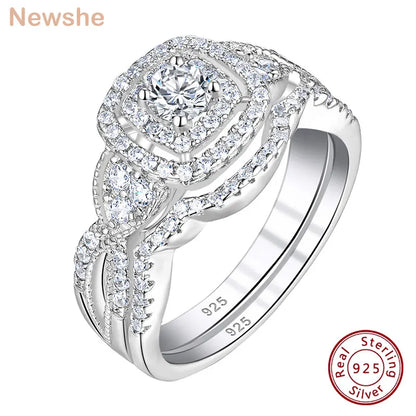 Newshe 2 Pcs 925 Sterling Silver Wedding Rings for Women Double Halo AAAAA Cubic Zircons Engagement Ring Bridal Set Jewelry