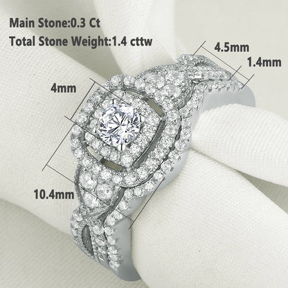 Newshe 2 Pcs 925 Sterling Silver Wedding Rings for Women Double Halo AAAAA Cubic Zircons Engagement Ring Bridal Set Jewelry